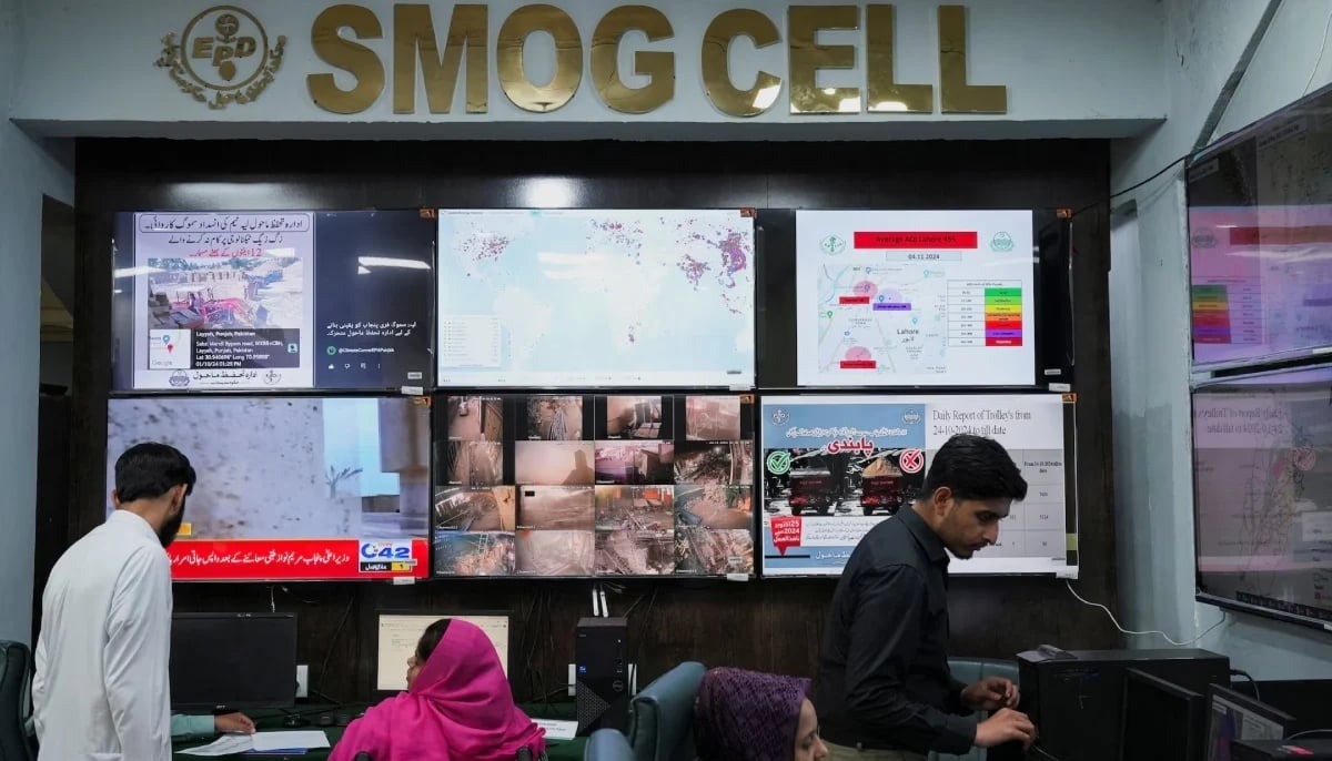 Monitor screens display the smog situation at the Smog Cell at the Environment Protection and Climate Change Department in Lahore. — Reuters/File