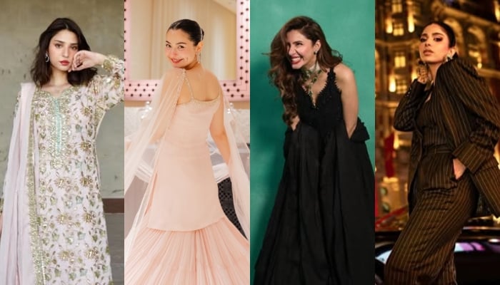 A collage of Pakistani star actors Ramsha Khan, Hania Aamir, Mahira Khan and Sonya Hussyn. — Instagram