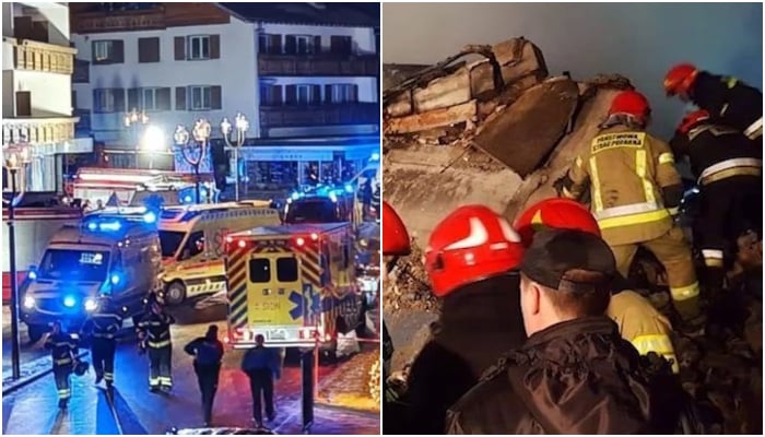 A collage showing rescue officials at the site of explosion in Crans Montana, Switzerland on January 1, 2026. — Instagram@trtworld