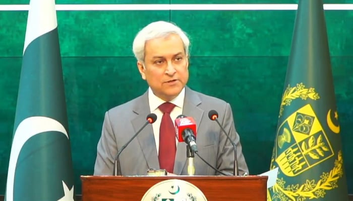Foreign Office Spokesperson Tahir Hussain Andrabi addressing weekly media briefing in Islamabad on January 1, 2026. — X@ForeignOfficePk