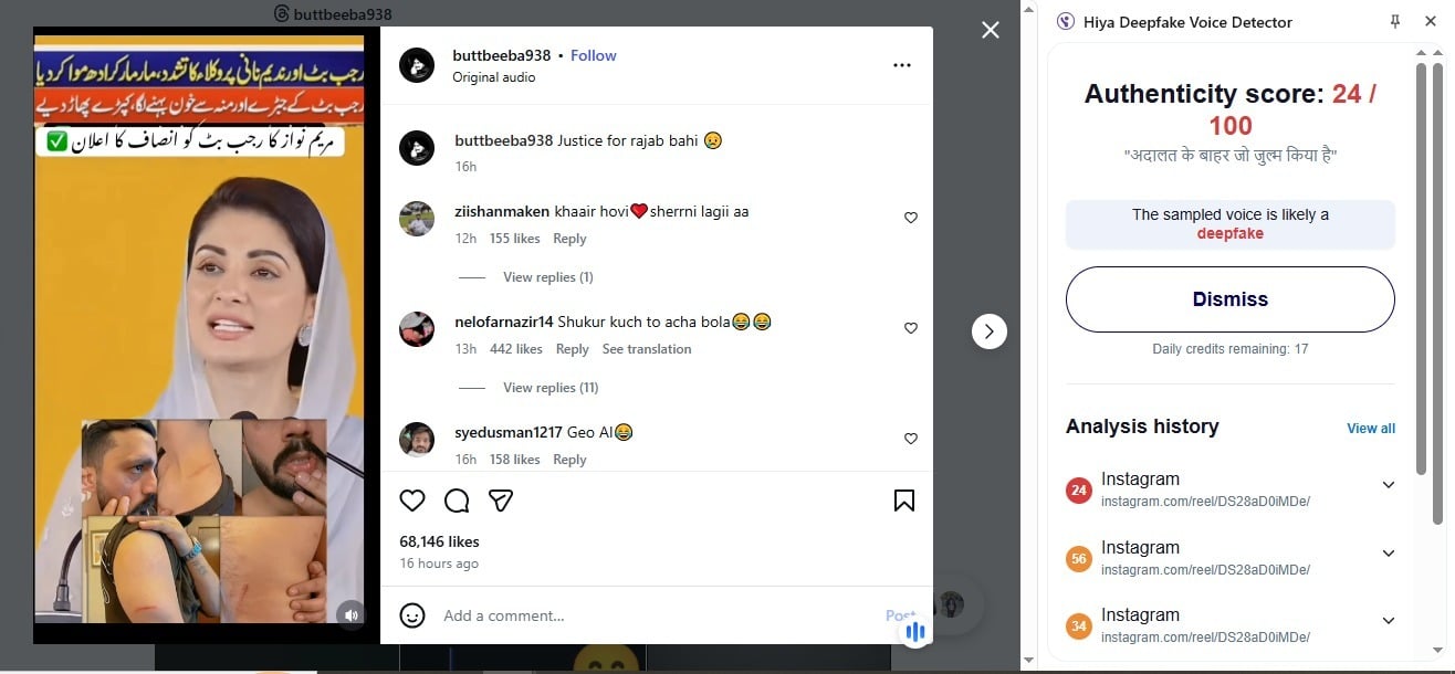 Caption: Hiya, a deepfake voice detection tool found that the video was likely generated using AI tools.