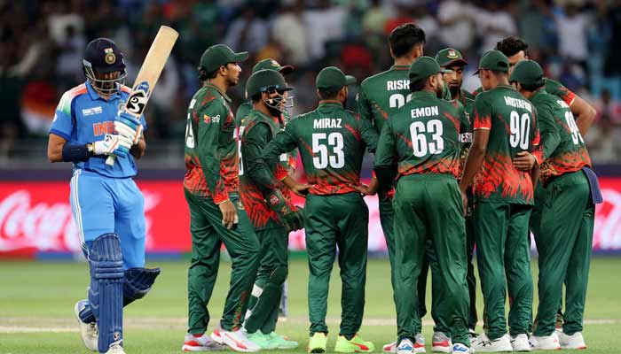 Bangladesh players celebrate after Rishad Hossain bowled Indias Axar Patel during ICC Mens Champions Trophy, Dubai International Stadium, Dubai, United Arab Emirates on February 20, 2025. — Reuters