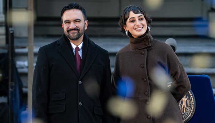 New York Mayor Zohran Mamdani and his wife Rama Duwaji smile as confetti falls after his ceremonial inauguration as mayor at City Hall on anuary 1, 2026. — AFP
