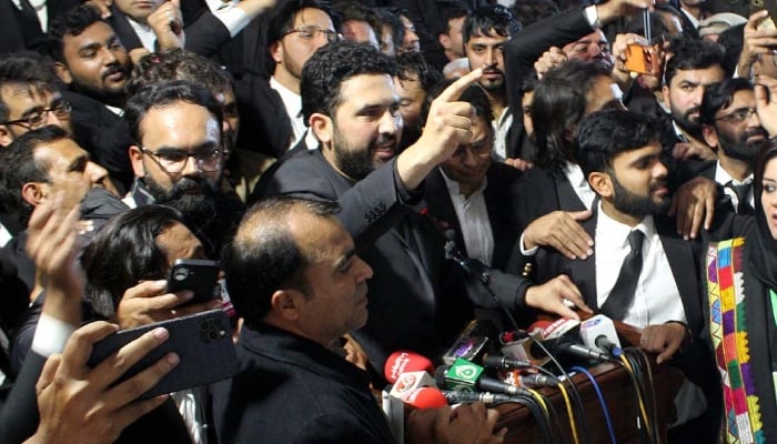 KP Chief Minister Sohail Afridi addresses lawyers at High Court building in Lahore, Saturday, December 27, 2025. — PPI
