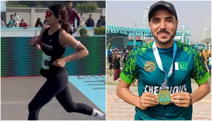 Israr Khattak (right) and Sarah Lodhi clinch top titles at world-class BYD Karachi Marathon. — Instagram/fit_saral/Facebook/margallatrailrunners