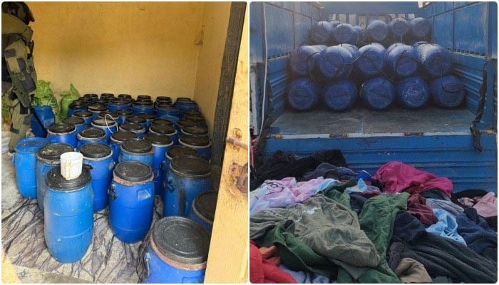 Explosives-laden drums recovered in Karachi.— Reporter