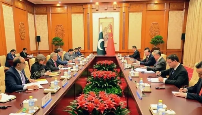 Deputy Prime Minister Ishaq Dar and Chinese Foreign Minister Wang Yi co-chair the 7th round of the Pakistan-China Foreign Mini­sters’ Strategic Dialogue on January 4. — FO