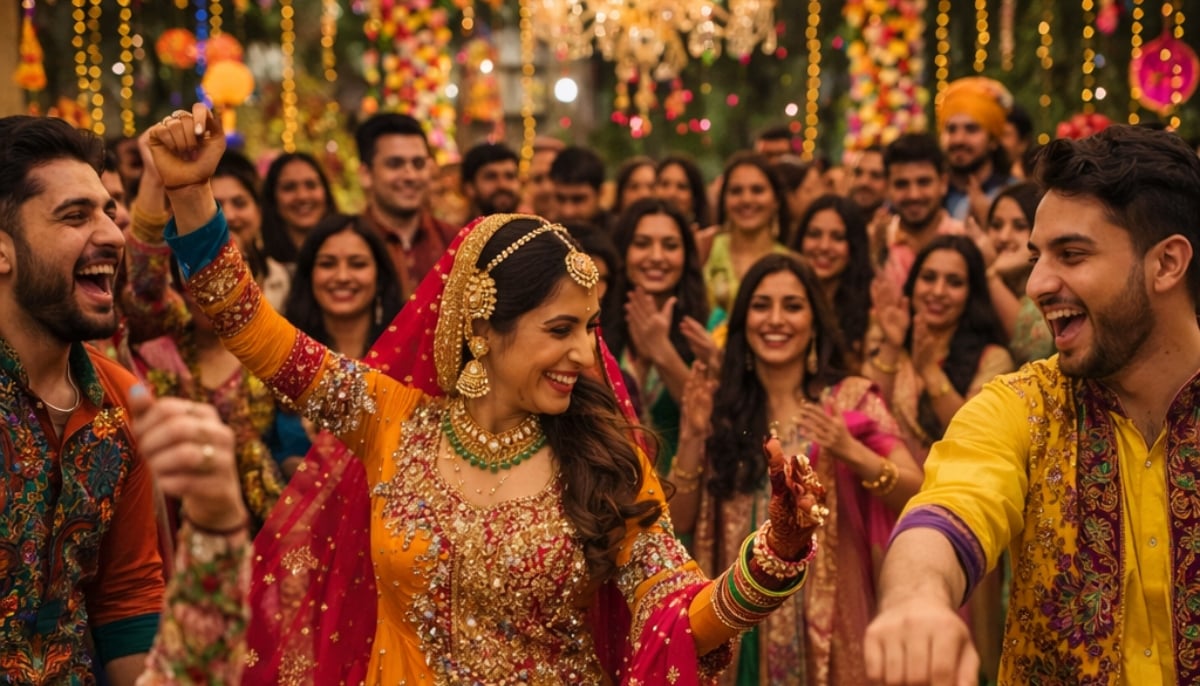 This representational image shows a bride dancing at a mehndi event. — Photo created using AI