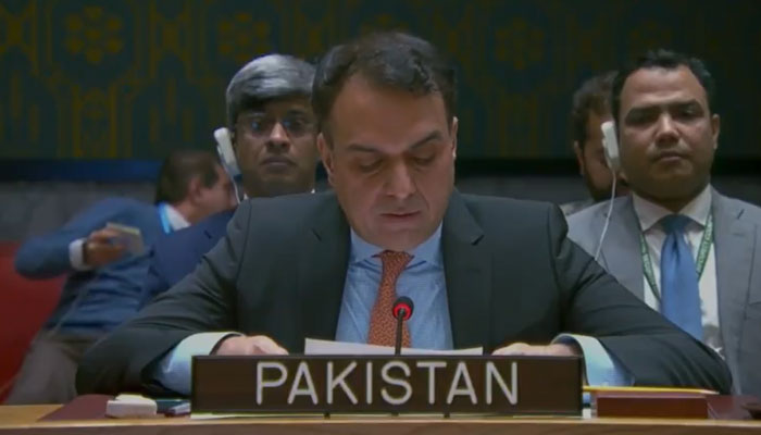 Pakistan’s acting Permanent Representative to the UN Ambassador Usman Jadoon is addressing the UN Security Council’s emergency meeting on the situation in Venezuela on January 5, 2025. — X/ @PakistanUN_NY/screengrab