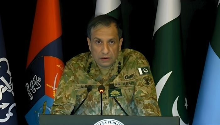 Inter-Services Public Relations (ISPR) Director-General Lieutenant General Ahmed Sharif Chaudhry addresses a press briefing in Rawalpindi, January 6, 2026. — Screengrab via YouTube/Geo News