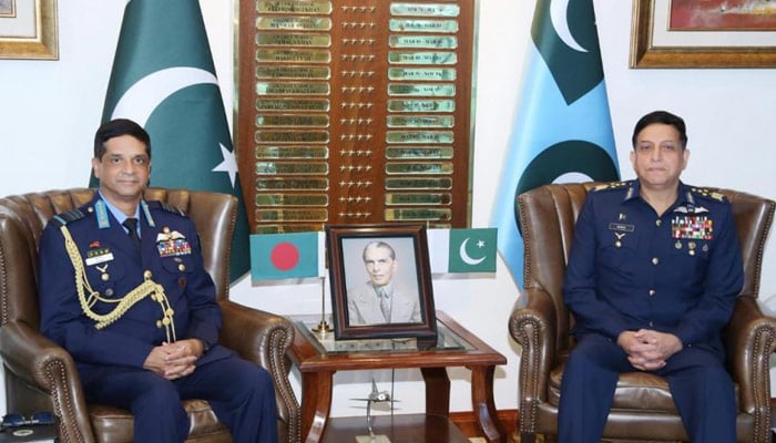 Bangladesh Air Force Air Chief Marshal Marshal Hasan Mahmood Khan (left) calls on Pakistan Air Force (PAF) Air Chief Marshal Zaheer Ahmed Baber Sidhu in Islamabad on January 6, 2026. — ISPR