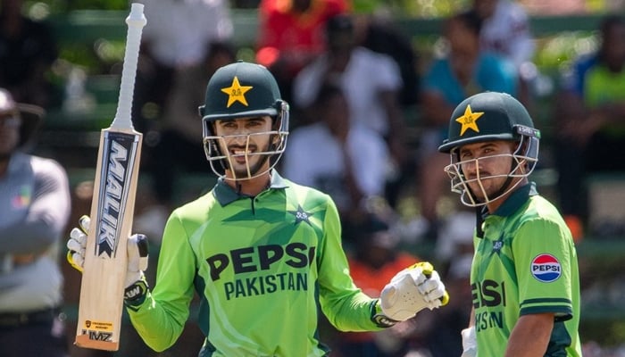 Sameer Minhas (left) celebrates after scoring century for Pakistan against Zimbabwe during Under-19 ODI tri-series final at the Old Hararians, Harare, Zimbabwe, January 6, 2026. — PCB