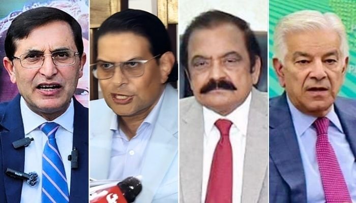 (From left to right) PTI Chairman Barrister Gohar Ali Khan, Secretary General Barrister Salman Akram Raja, Prime Minister’s Adviser on Political Affairs Rana Sanaullah and Defence Minister Khawaja Asif. — AFP/PID/PPI/Radio Pakistan/File