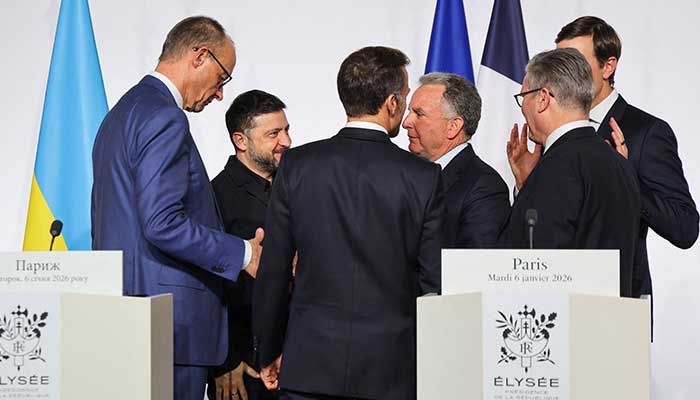 Germanys Chancellor Friedrich Merz, Ukraines President Volodymyr Zelenskiy, Frances President Emmanuel Macron, US Special Envoy Steve Witkoff, Britains Prime Minister Keir Starmer and US businessman Jared Kushner speak after a press conference upon the signing of the declaration on deploying post-ceasefire force in Ukraine during the so-called Coalition of the Willing summit, at the Elysee Palace in Paris, France, January 6, 2026. — Reuters