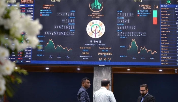 Brokers are busy trading at the Pakistan Stock Exchange (PSX) in Karachi on Wednesday, December 31, 2025. — AFP