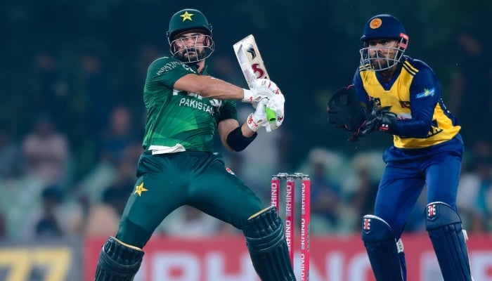 Pakistans Sahibzada Farhan plays a shot during their first T20I against Sri Lanka at the Rangiri Dambulla International Stadium, January 7, 2025. — PCB