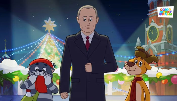 Putin meets talking cat and dog in popular Russian cartoon