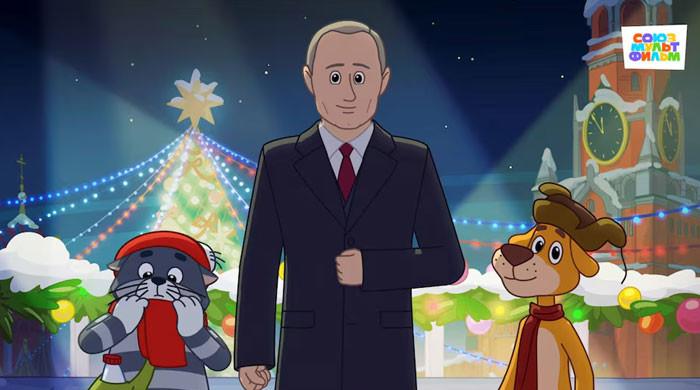 Putin meets talking cat and dog in popular Russian cartoon