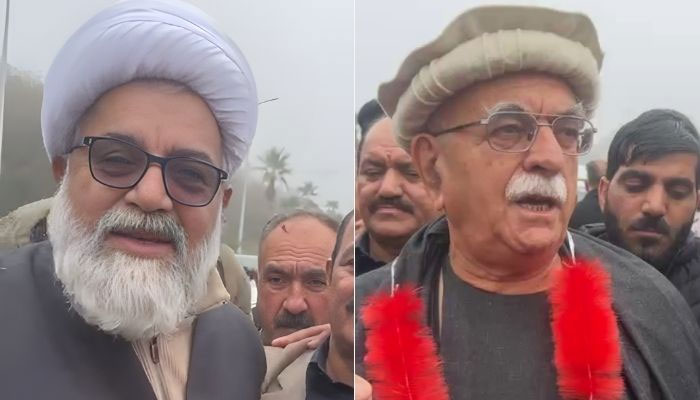 TTAP leaders Allama Raja Nasir Abbas (left) and Mahmood Khan Achakzai pictured on their way to Lahore from Islamabad via GT Road. — Screengrab via Facebook@MehmoodKhanAchakzaiOfficial