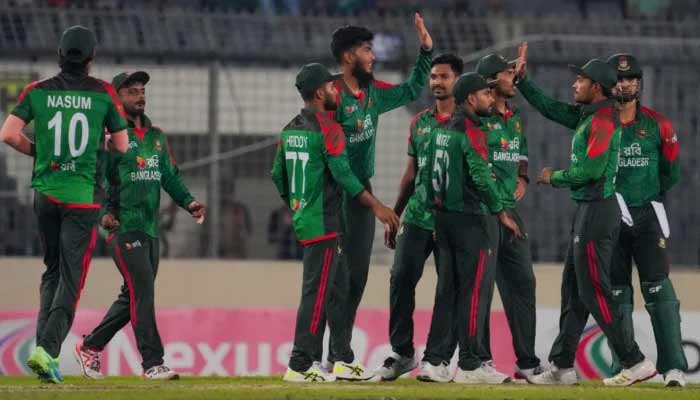 Bangladesh spinner Rishad Hossain (centre) celebrates with teammates after taking a wicket during the second ODI against the West Indies at the Sher-e-Bangla National Cricket Stadium in Mirpur on October 21, 2025. — BCB