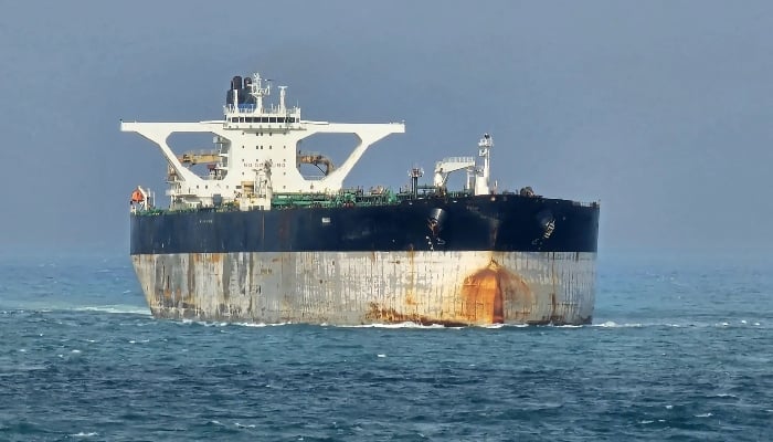 Oil tanker Marinera, formerly known as Bella 1 photographed at sea in the Singapore Strait on March 18, 2025. — AFP