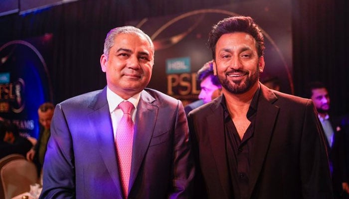 PCB Chairman Mohsin Naqvi (left) is seen with Kamil Khan, the co-owner of the newly awarded Pakistan Super League (PSL) franchise from Sialkot. — X@13kamilkhan/File
