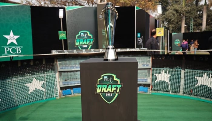 A PSL trophy displayed at a stadium ahead of the draft event for the 7th edition of the league. — PCB