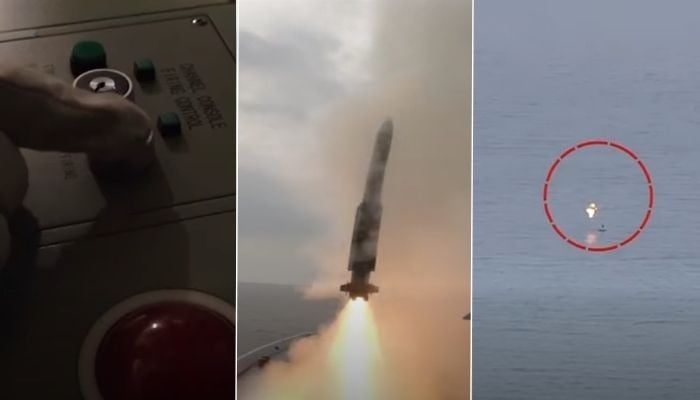 This collage shows Pakistan Navy successfully testing surface-to-air missile in North Arabian Sea. Screengrabs taken from a video released on January 10, 2026. — ISPR