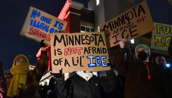 People protest against ICE after the fatal shooting of Renee Nicole Good in downtown Minneapolis, Minnesota on January 9, 2026.— AFP
