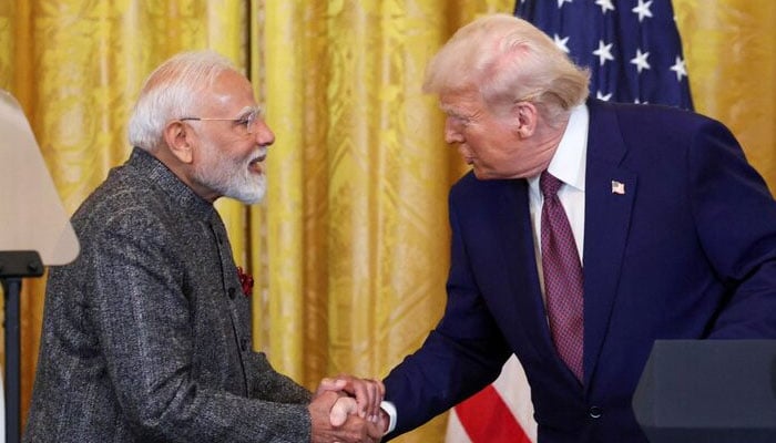 USPresident Donald Trump and Indian Prime Minister Narendra Modi shake hands as they attend a joint press conference at the White House in Washington, DC US on February 13, 2025. — Reuters