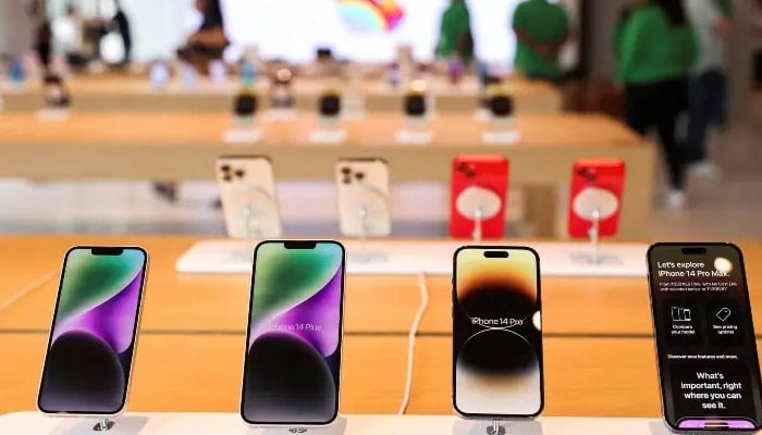 Apple iPhones are seen inside India’s first Apple retail store during a media preview, a day ahead of its launch in Mumbai, India, April 17, 2023. —Reuters