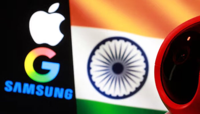 The Indian flag, Apple, Google, Samsung logos and a surveillance camera are seen in this illustration taken December 4, 2025. — Reuters