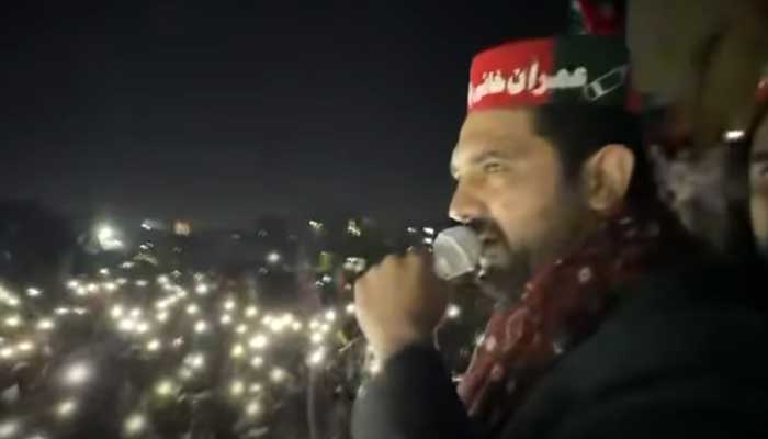 Khyber Pakhtunkhwa Chief Minister Sohail Afridi addresses PTI rally at Numaish Chowrangi near Mazar-e-Quaid, Karachi, on January 11, 2026. — Screengrab via Geo News