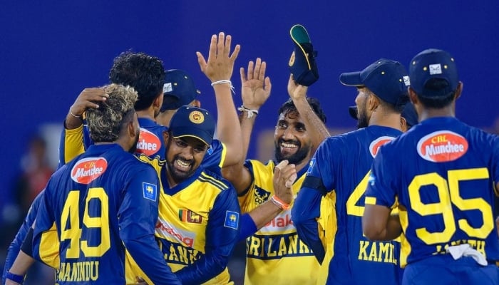 Sri Lanka players celebrate a wicket during the third T20I against Pakistan at Rangiri Dambulla International Cricket Stadium, January 11, 2025. — X@OfficialSLC