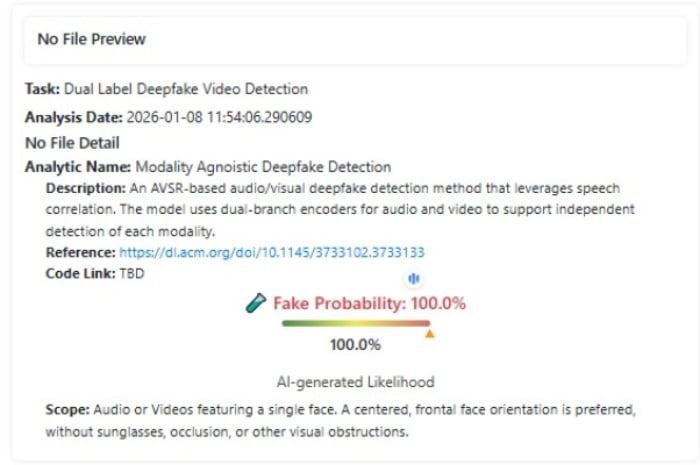 Screenshot of the University at Buffalo’s DeepFake-o-Meter analysis showing a 100% fake probability.