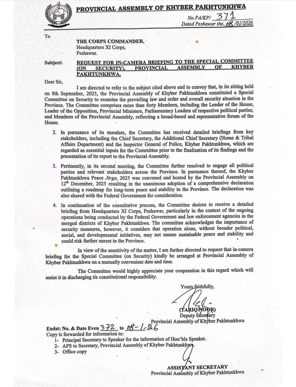 Letter written by KP Assemblys deputy secretary to Headquarters XI Corps. — Reporter