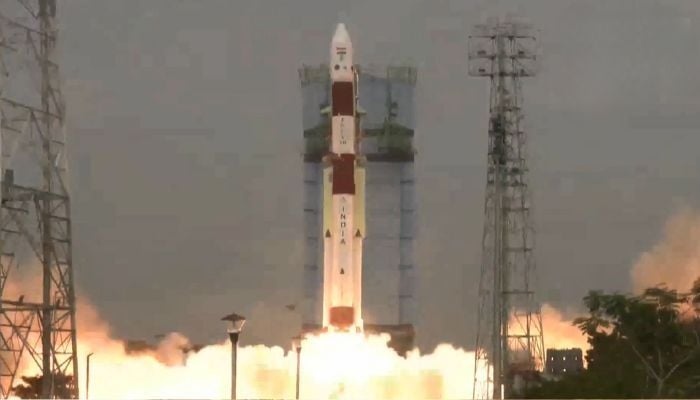 In this screengrab via video, the ISRO PSLV-C62 is seen lifting off from the Satish Dhawan Space Centre on the island of Sriharikota, India, January 12, 2026. — X/@ANI