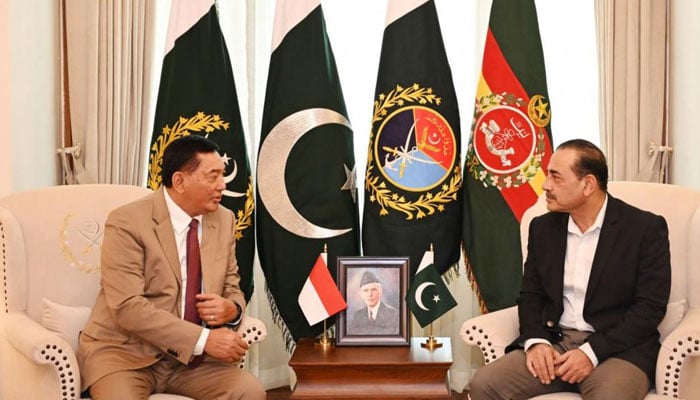 Chief of Defence Forces (CDF) and Chief of Army Staff Field Marshal Syed Asim Munir is seen in a meeting with Lieutenant General Sjafrie Sjamsoeddin (Retd), Minister of Defence of the Republic of Indonesia at General Headquarters (GHQ), Rawalpindi on January 12, 2026. — ISPR