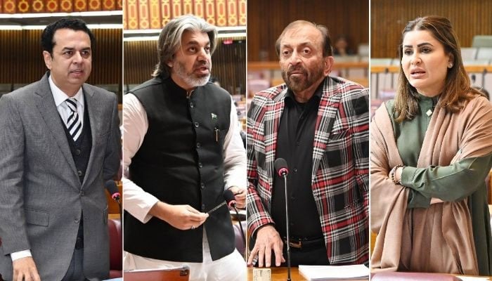 (From left to right) Minister of State for Interior Talal Chaudhry, PTI leader Ali Mohammad Khan, MQM-P lawmaker Farooq Sattar and PPP’s Shazia Marri. — X/@NAofPakistan/File