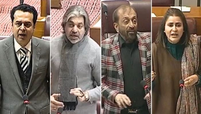 (From left to right) Minister of State for Interior Talal Chaudhry, PTI leader Ali Mohammad Khan, MQM-P lawmaker Farooq Sattar and PPP’s Shazia Marri address National Assembly session on January 13, 2026. — X/@NAofPakistan/screengrab