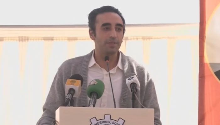 Pakistan Peoples Party (PPP) Chairman Bilawal Bhutto-Zardari addresses a ceremony held in connection with the inauguration of a new campus of NED University in Tharparker on January 14, 2026. — X/ @MediaCellPPP/screengrab