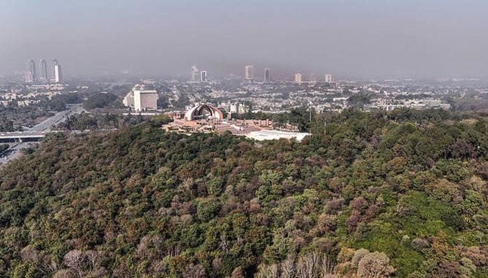 An aerial view shows the Pakistan Monument enclosed by the Shakarparian jungle in Islamabad on January 7, 2026. — AFP