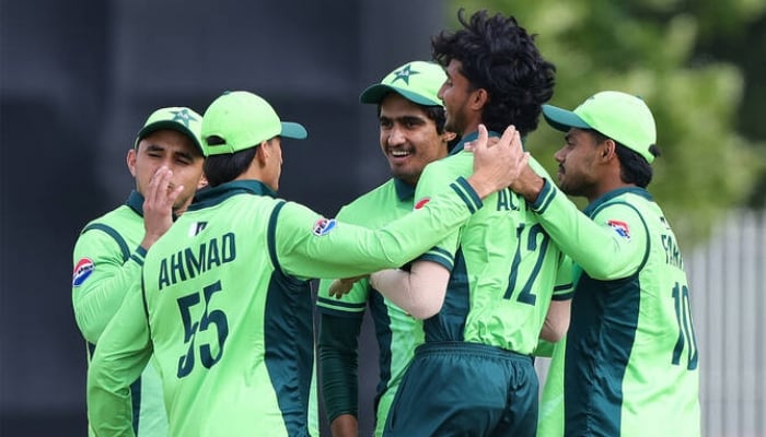 Pakistan’s Under-19 team celebrate a wicket against Bangladesh in Dubai on December 19, 2025. — PCB