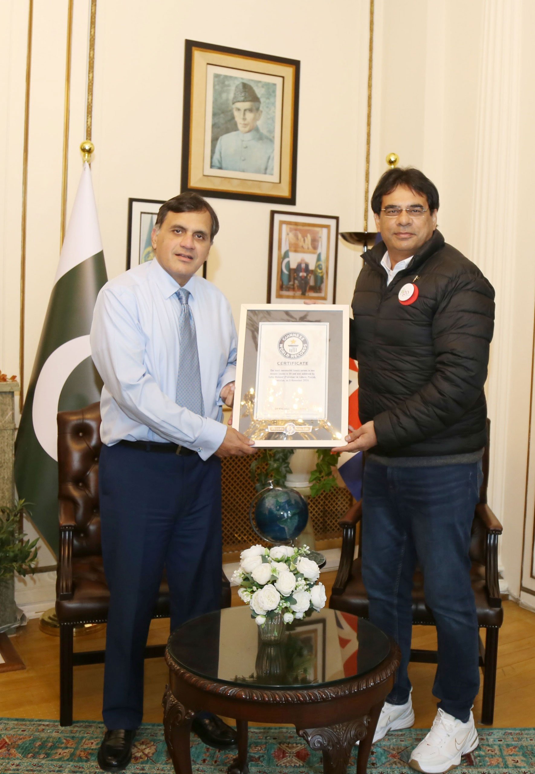 Pakistani senior tennis player Talha Waheed (right) is seen with  Pakistan’s High Commissioner to the United Kingdom, Dr Mohammad Faisal. — Reporter