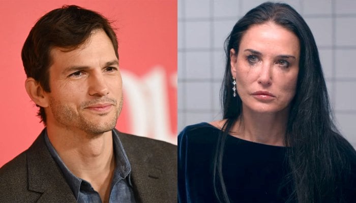 Ashton Kutcher and  on Demi Moore in The Substance
