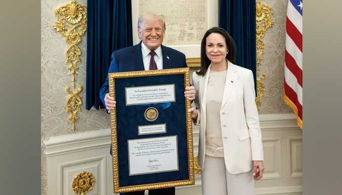 President Trump meets Venezuelan opposition leader Maria Corina Machado in the Oval Office on Jan 15, 2026. — White House