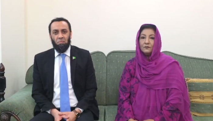 Information Minister Atta Tarar (left) meets veteran broadcaster Ishrat Fatima at her residence in Islamabad on January 15, 2026. — Screengrab via X@RadioPakistan