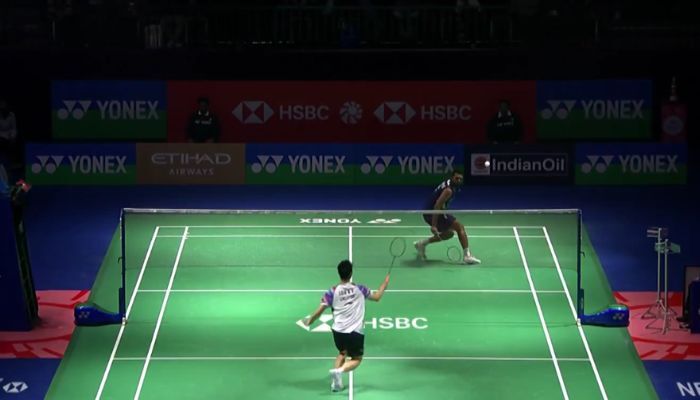 Screenshot via video, HS Prannoy and Loh Kean Yew in action during the Indian Open at Court 1 of the Indira Gandhi Indoor Stadium, January 15, 2025. — X/@bwfmedia