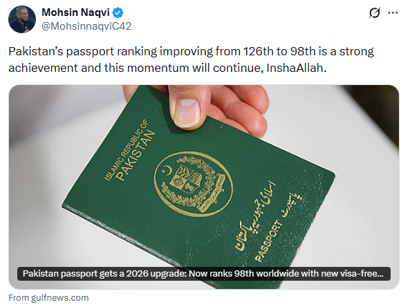 Screenshot of Interior Minister Mohsin Naqvi’s post on X regarding Pakistan’s passport ranking.