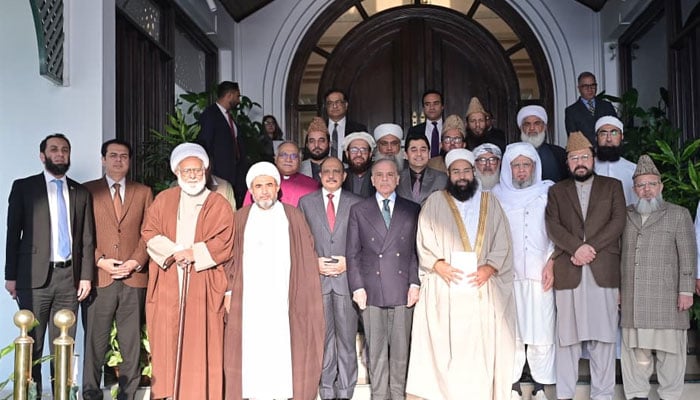 PM Shehbaz Sharif poses for a group photo alongside ministers and members of the Qaumi Paigham-e-Aman Committee on January 16, 2026. — X@PTVNewsOfficial